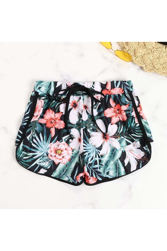 Womens Swim Shorts Full Coverage High Cut Swimsuit Comfortable Floral Print Ruched Scrunch Swim Bottom Black L