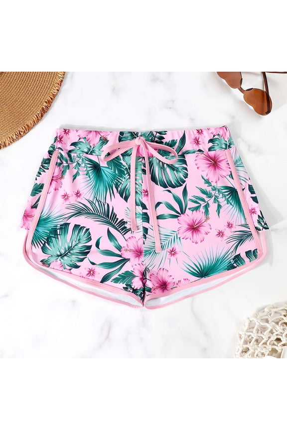 Womens Swim Shorts High Waisted Tummy Control Swimsuit Lightweight Floral Print Ruched Scrunch Swim Bottom Pink M