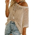 thumbnail image 1 of Conairie Womens T Shirts Loose Fit Tops Casual off the Shoulder Crochet Hollow out Scoop Neck Short Sleeve Fall Basic Shirts Beach Coverups Beige L, 1 of 7