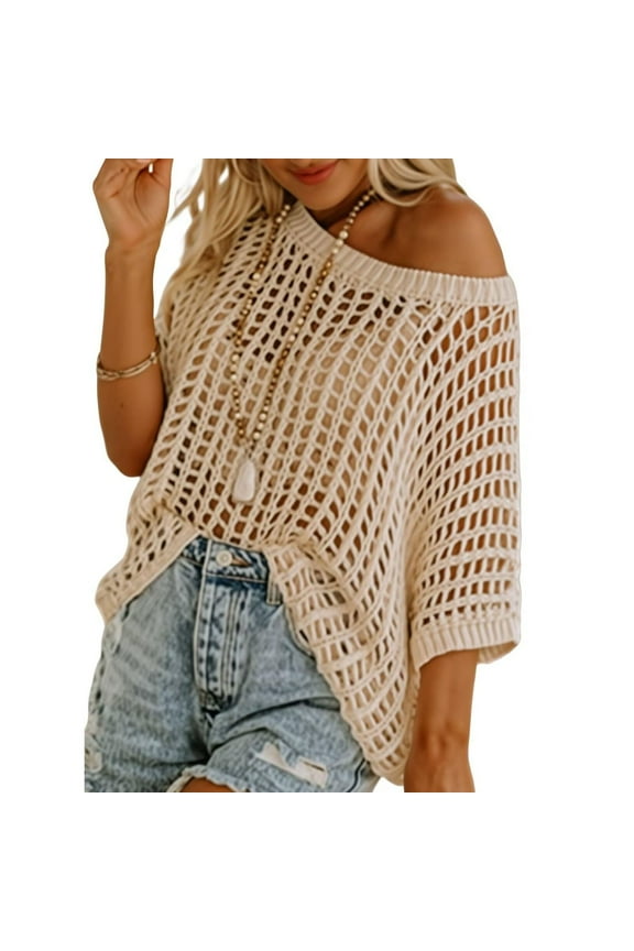 Womens T Shirts Loose Fit Tops Casual off the Shoulder Crochet Hollow out Scoop Neck Short Sleeve Fall Basic Shirts Beach Coverups Beige M