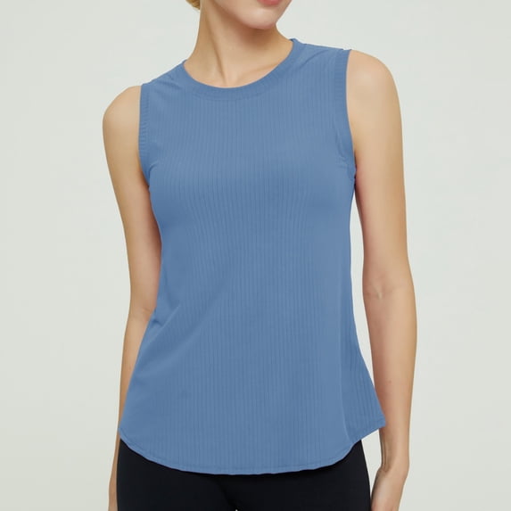 Conairie Womens Tank Tops Scoop Neck Sleeveless Ribbed Knit Basic Blouses Solid Color Summer Casual Tee Blue M