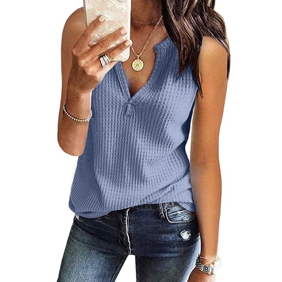 Conairie Womens V Neck Shirts Solid Loose Sleeveless Tank Tops Lightweight Soft Basic Work Tee Vacation Clothes Blue L