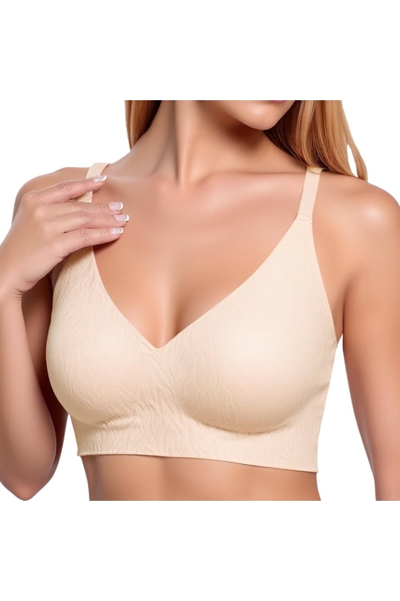 Womens Wireless Bras No Underwire Seamless Bra Full Coverage V Neck Push Up Bralette Ultra Comfortable Tshirt Bra Beige M