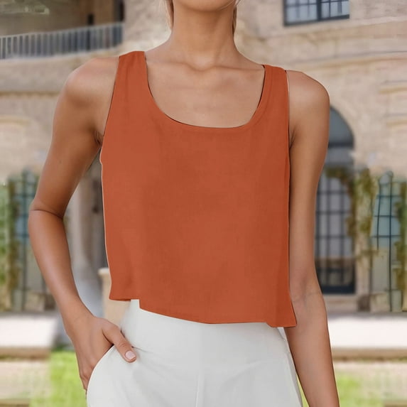Conairie Womens Workout Tank Tops Solid Color Crop Linen Blend Scoop Neck T Shirt Casual Sleeveless Blouses Summer Work Shirts Orange XXXL
