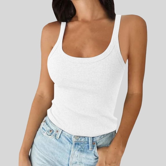 Conairie Yoga Tank Tops For Women Scoop Neck Sleeveless Ribbed Knit Crop Basic Blouses Solid Color Y2K Camisole Shirts Brick White S