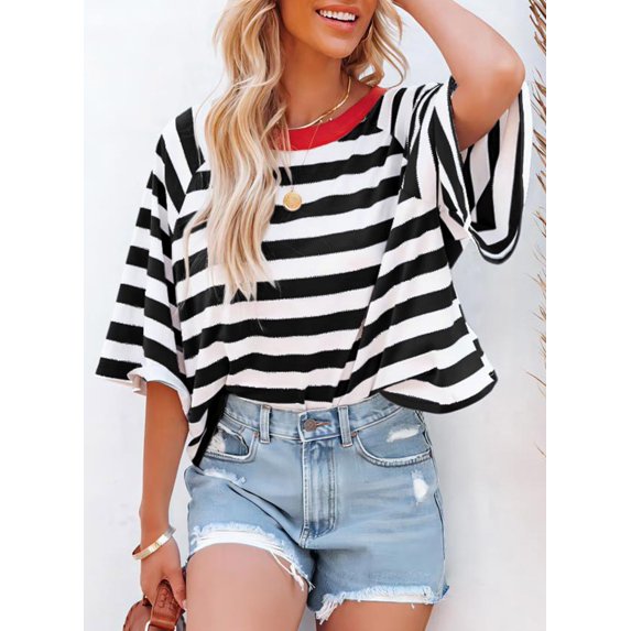 Tops for Women Striped Fashion T Shirts for Women Color Block Crewneck Design Loose Basic Tee
