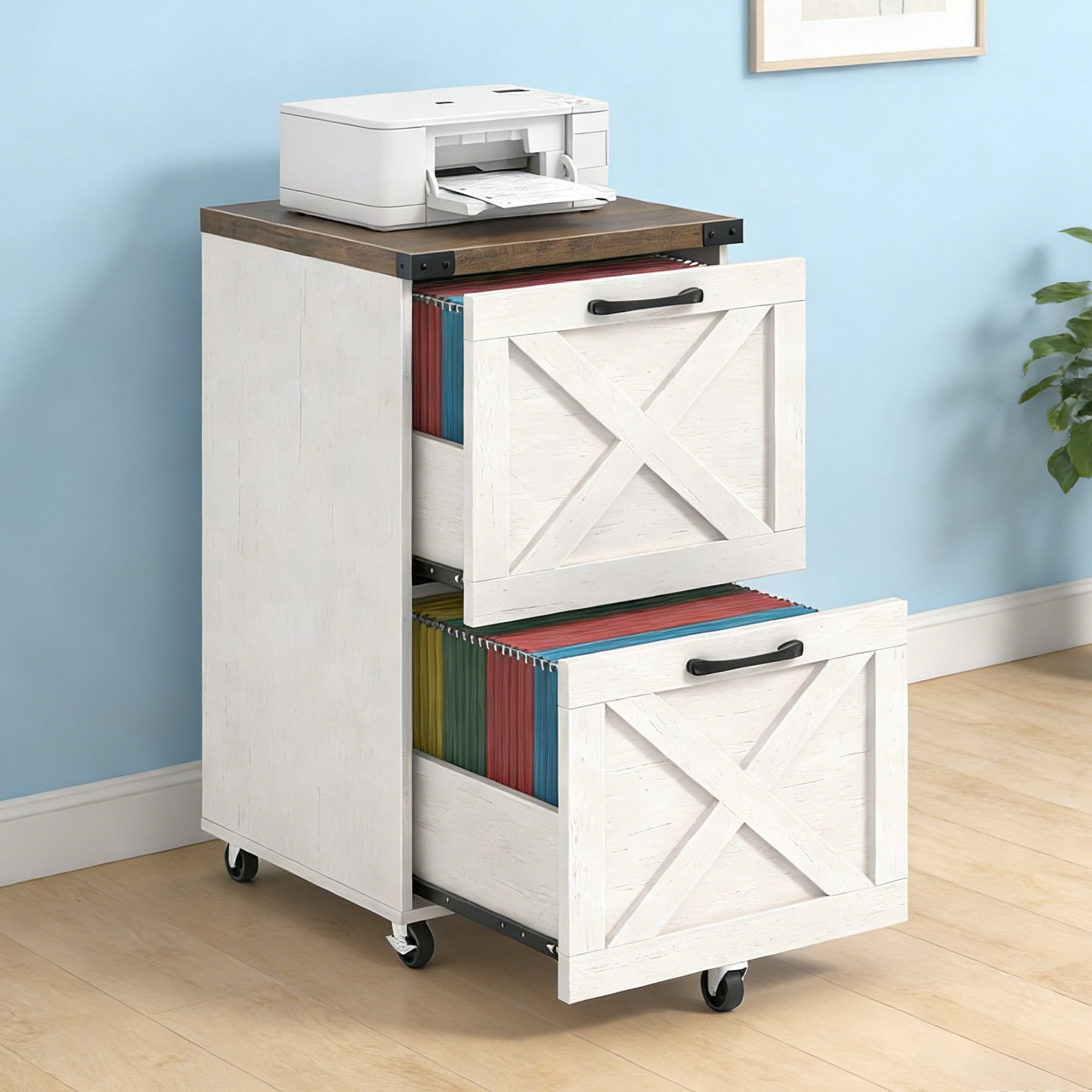 Conate 2 Drawer Rolling Wood File Cabinet with Lockable Wheels, Portable Vertical Filing Cabinet  for Home Office, Wooden Printer Stand
