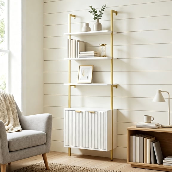 Conate 3 Tier Ladder Shelf with Fluted Storage Cabinet, Wall Mount Bookshelf Display Shelves with Metal Frame