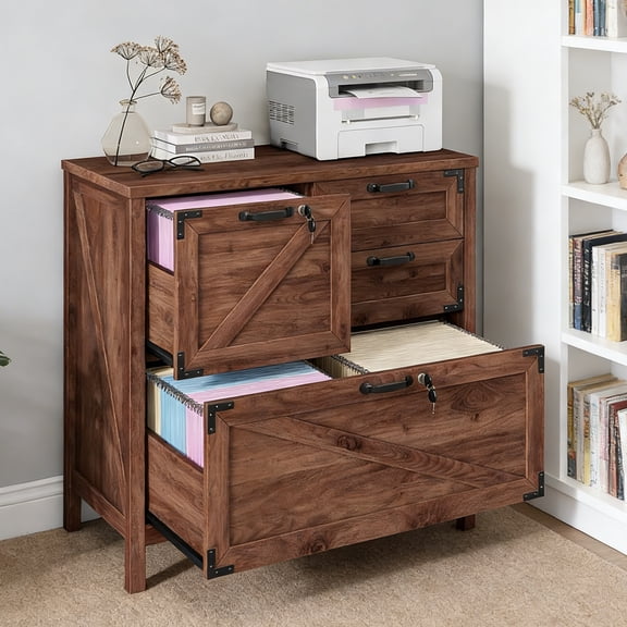 Conate 4 Drawer Lateral File Cabinet, Farmhouse Large Wood Filing Cabinet for Home Office, Fits A4 / Letter Size Files