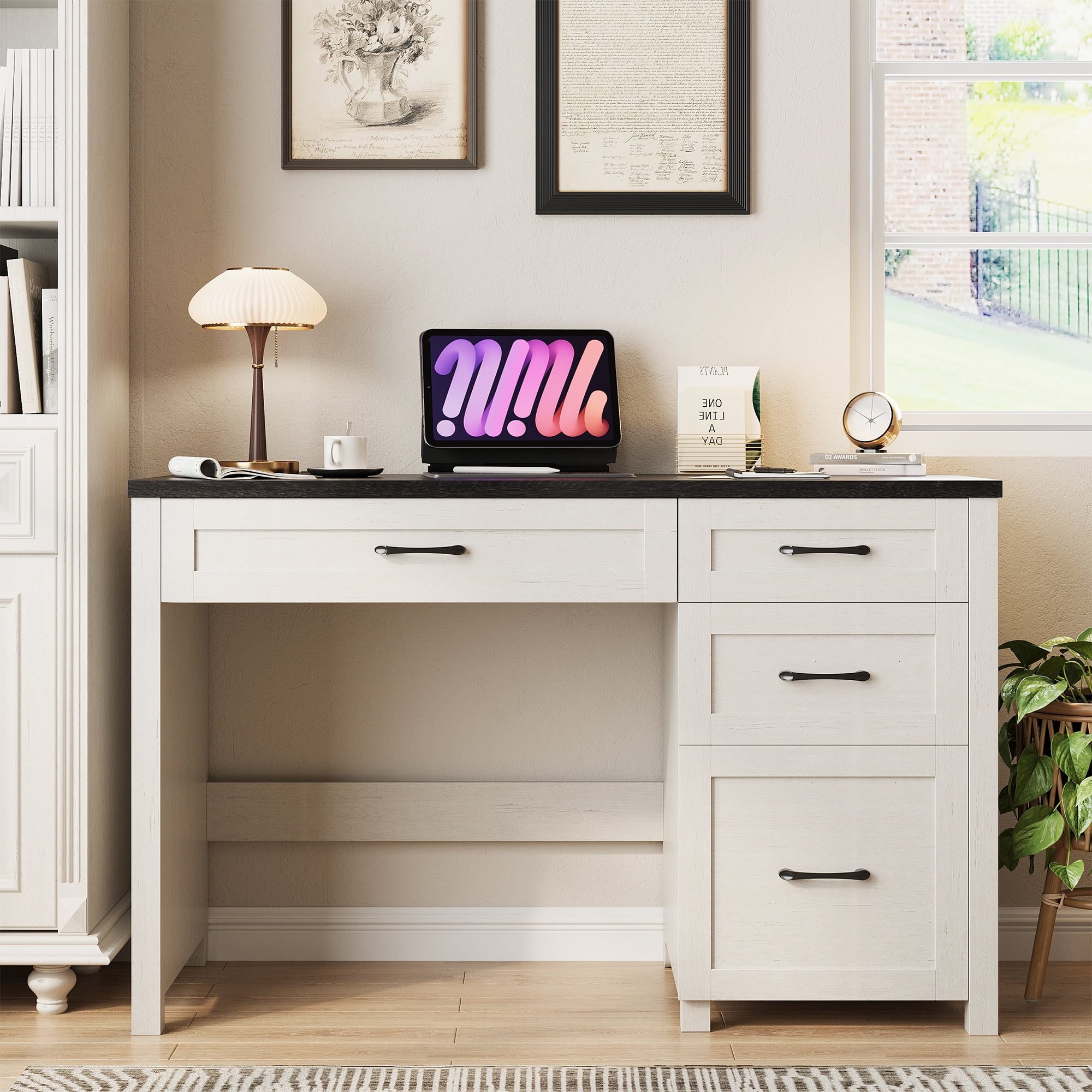 Conate 47" Executive Desk with File Cabinet and Drawers, Home Office Desk with Charging Station and Large Drawer, Workstation Table for Study