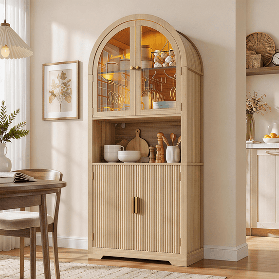 Conate 70" Tall Arched Kitchen Pantry Cabinet with LED Light, Fluted Storage Cabinets with Stemware Rack, Glass Doors for Dining Room & Living Room