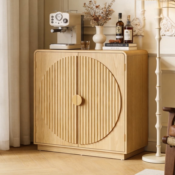 Conate Circular Design Sideboard Buffet Cabinet with Adjustable Shelf, Accent Cabinet with 2 Doors for Dining Room, Living Room, Entryway, Natural Oak