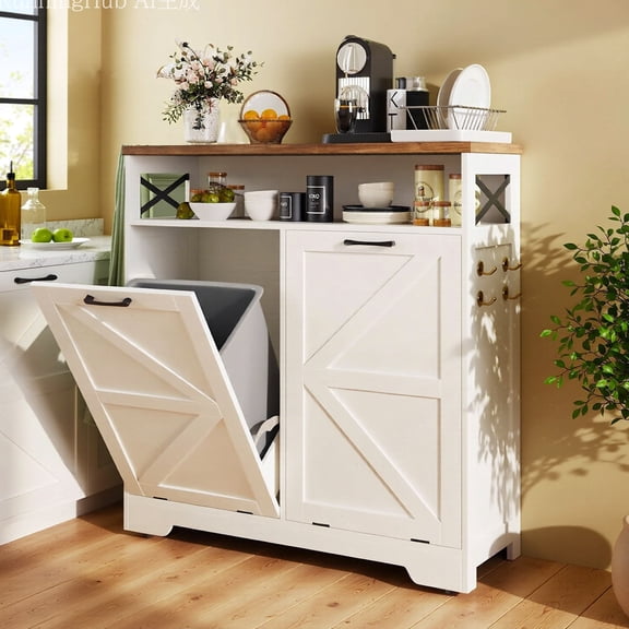 Conate Double Tilt Out Trash Can Cabinet, Farmhouse Kitchen Garbage Trash Bin, Wooden Free Standing Recycling Cabinet for Kitchen Bathroom, Living Room