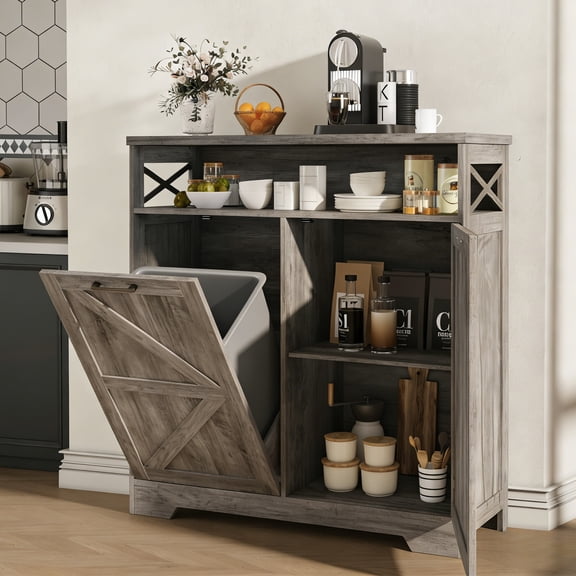 Conate Double Tilt Out Trash Can Cabinet, Farmhouse Kitchen Garbage Trash Bin, Wooden Free Standing Recycling Cabinet for Kitchen Bathroom, Living Room
