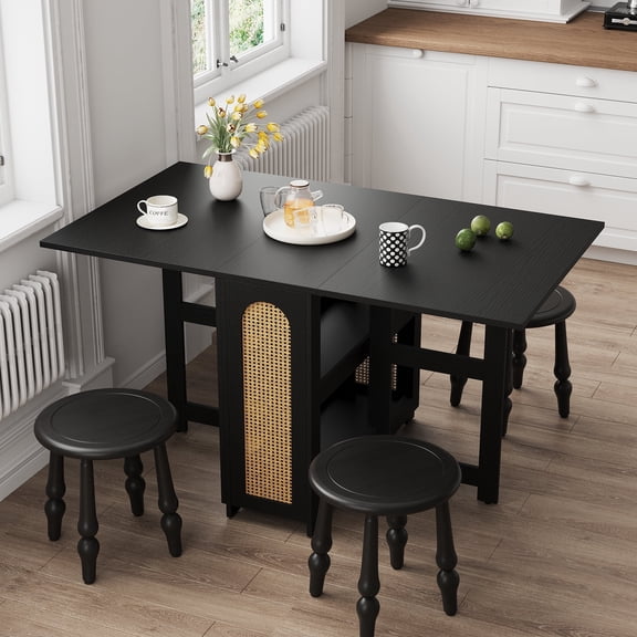 Conate Extendable Rattan Dining Table for 4-6 People, 4-in-1 Folding Wooden Dining Room Table with Storage Cabinet for Small Spaces, Home Office