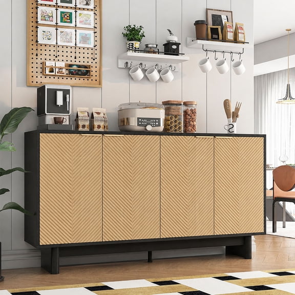 Conate Fluted Sideboard Buffet Cabinet with 4 Doors, 58" W Buffet Cabinet with 2 Adjustable Shelves & Gold Handle for Kitchen, Living Room and Dining Room
