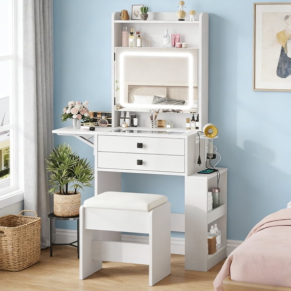 Conate Glass Top Vanity Desk Set with Lighted Mirror for Small Space, Makeup Table Set with Fold-up Panel, Charging Station, Storage Chair, and 2 Hidden Storage Shelves
