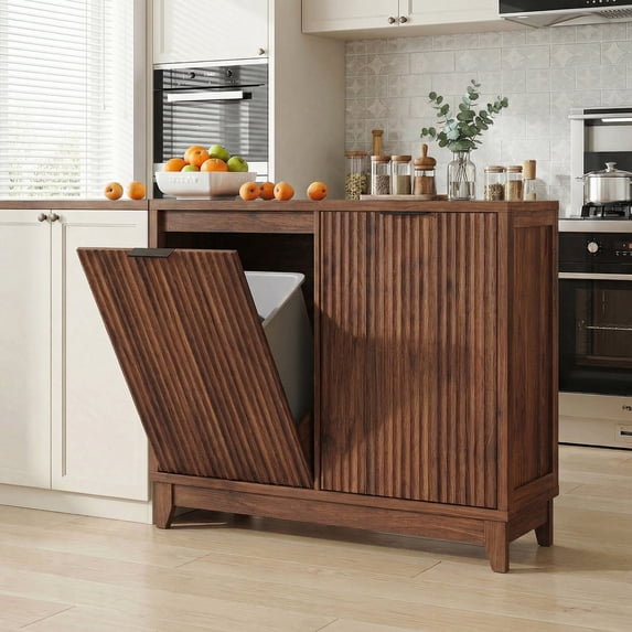 Conate Kitchen Double Tilt Out Trash Can Cabinet, Farmhouse 13 Gallon Hidden Garbage Bin Storage Cabinet with Odor Control, Brown