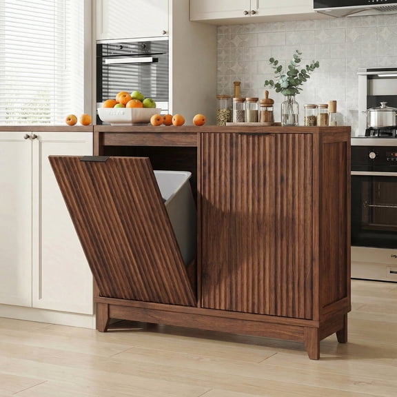 Conate Kitchen Double Tilt Out Trash Can Cabinet, Farmhouse 13 Gallon Hidden Garbage Bin Storage Cabinet with Odor Control, Brown
