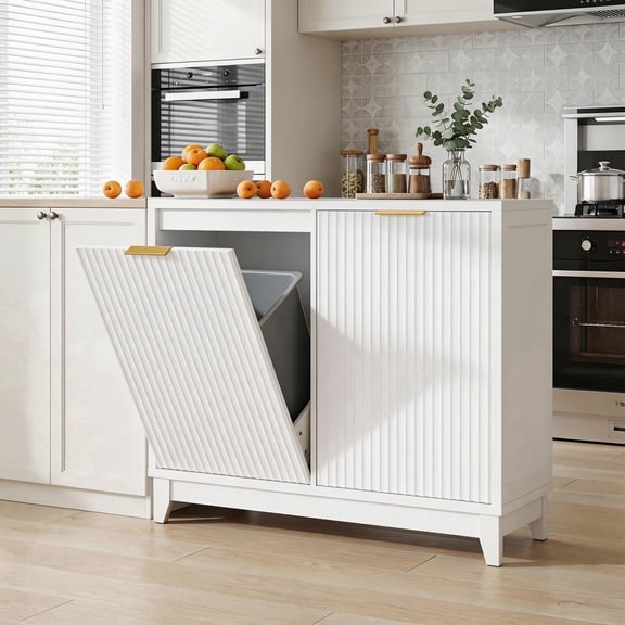 Conate 13 Gallon Double Tilt Out Trash Can Cabinet - Farmhouse Wood Kitchen Trash Cabinet with Odor Control, Hidden 2-Bin Garbage Storage Cabinet with Drawer & Charging Station, White