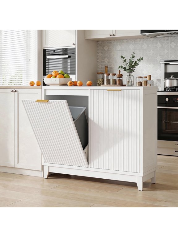 13 Gallon Double Tilt Out Trash Can Cabinet - Farmhouse Wood Kitchen Trash Cabinet with Odor Control, Hidden 2-Bin Garbage Storage Cabinet with Drawer & Charging Station, White