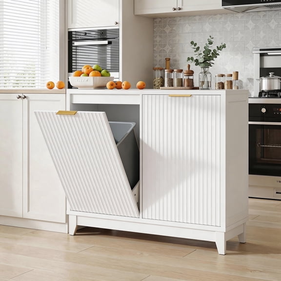 Conate Kitchen Double Tilt Out Trash Can Cabinet, Farmhouse 13 Gallon Hidden Garbage Bin Storage Cabinet with Odor Control, White