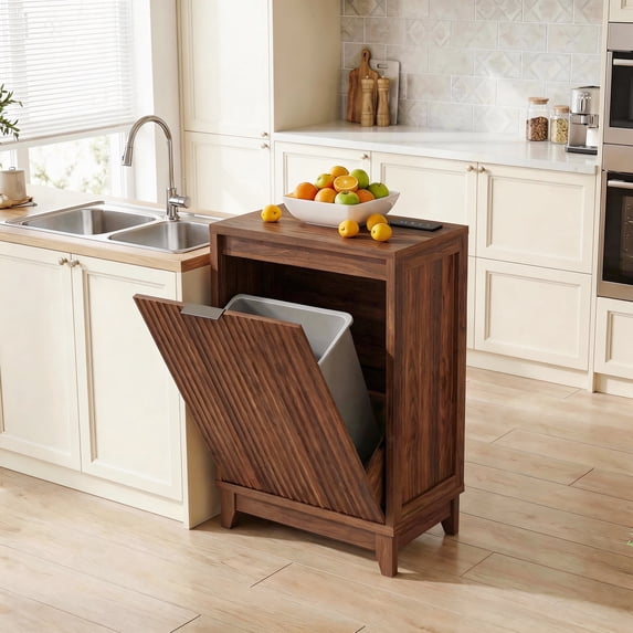 Conate Kitchen Tilt Out Trash Can Cabinet, Farmhouse 13 Gallon Hidden Garbage Bin Storage Cabinet with Odor Control, Brown