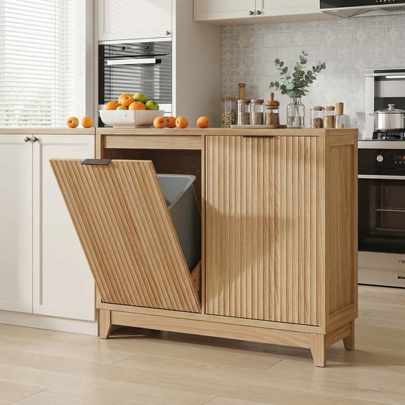 Conate Kitchen Double Tilt Out Trash Can Cabinet, Farmhouse 13 Gallon Hidden Garbage Bin Storage Cabinet with Odor Control, Natural
