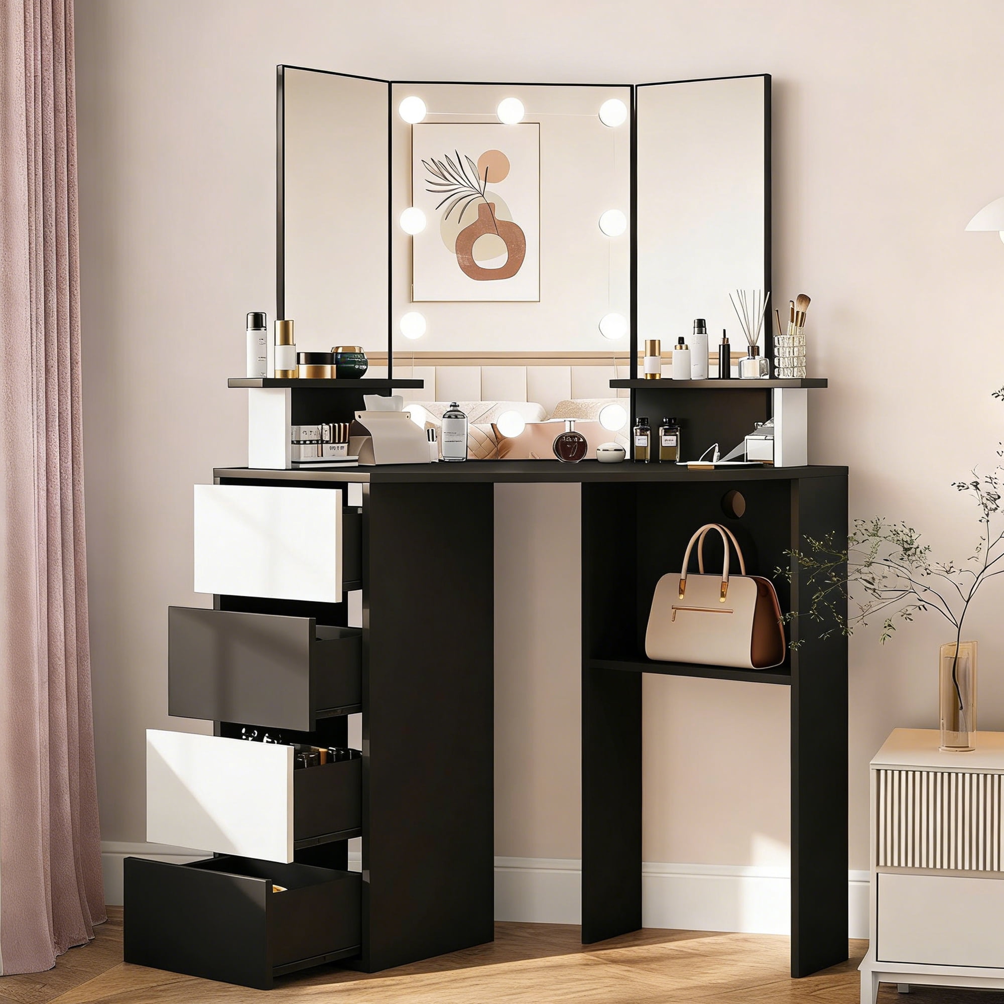 Conate Modern Corner Vanity Desk with Mirror and Lights, Makeup ...