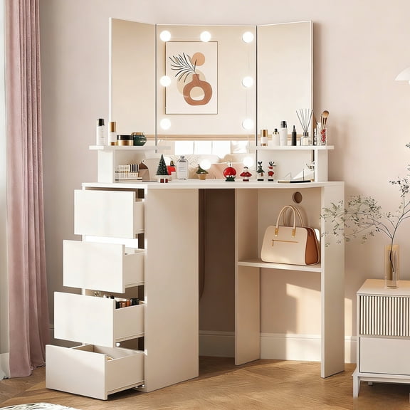 Conate Modern Corner Vanity Desk with Mirror and Lights, Makeup Dressing Table with Charging Station, 4 Drawers and Shelves for Women Girls