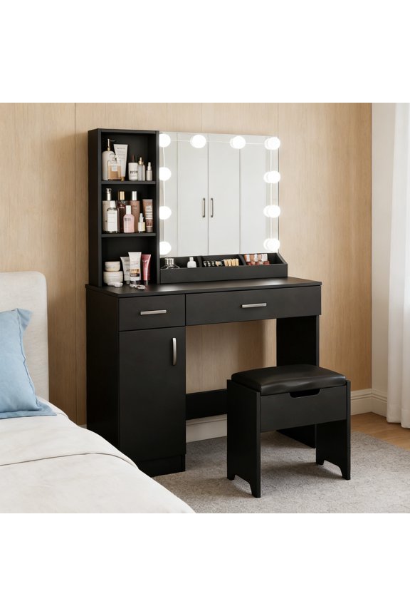 Modern Vanity Desk Set with Lighted Mirror, Makeup Vanity Table with Stool, Storage Cabinet & Large Drawers, Black