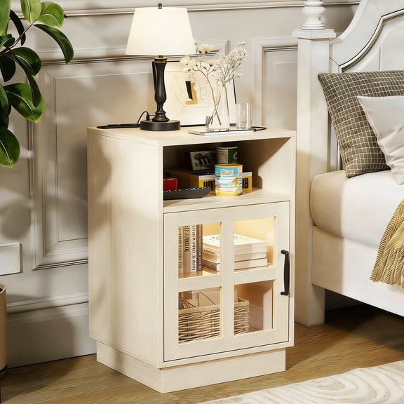 Conate Nightstand with Charging Station and LED Light, Wooden Bedside Tables with Glass Door and Adjustable Shelf