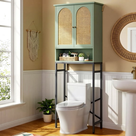 Conate Rattan Over The Toilet Storage Cabinet, Bathroom Storage Cabient with Rattan Doors, Metal Legs and Adjustable Shelf, Bathroom Storage Shelf Organizer, Green
