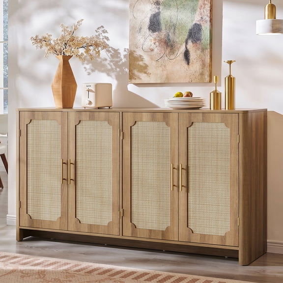Conate Sideboard Buffet Cabinet with 4 Rattan Doors, 59" W Rattan Buffet Cabinet with Adjustable Shelves & Curved Edge for Kitchen, Living Room and Dining Room
