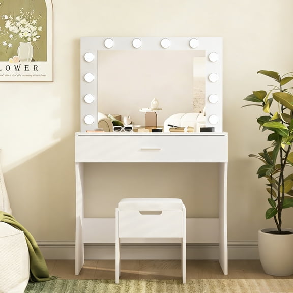 Conate Small Makeup Vanity Desk Sets with Lights, Girl Dressing Table with Chair and Large Drawer, Charging Station for Bedroom, 3 Lighting Modes, Brightness Adjustable