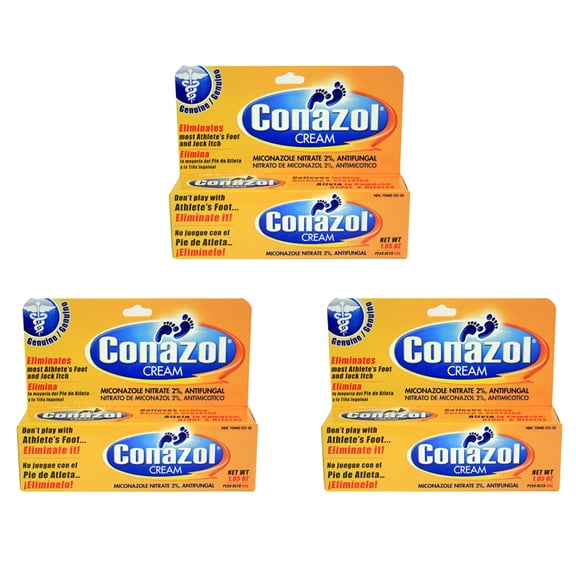 Conazol Antifungal Cream. Foot and Skin Fungus Treatment. Fast Relief. Miconazole Nitrate 2%. 1.05 Oz / 30 g. Pack of 3