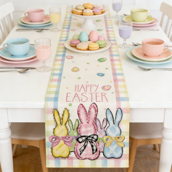 Conbo Easter Table Runner 72 X 13 In Linen Look, Bunny Egg Race Theme, Festive Spring Dining Decor, Reusable Washable Fabric, Protects Table From Spills Scratches, Holiday Brunch Party Centerpiece