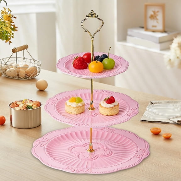 Conbo Lace Edged Three Tier Fruit Snack Stand, Food Grade PP, Embossed Plates, Gold Rod, White Or Pink, Elevated Spacing, Dessert Tray For Living Room Coffee Table, Party Gifts, Easy Clean, Durable