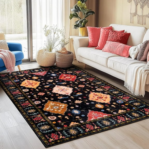 Conbriboy 4x6 Bedroom Large Area Rug, Black Vintage Floral, Soft Low-Pile Carpet, Washable, Non-Slip & Stain-Resistant, for Living Room, Dining & Play Space