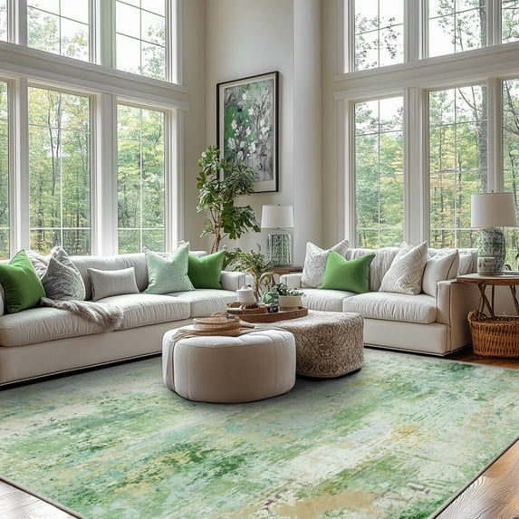 Conbriboy 8x10 Area Rugs For Living Room - Washable Rug Soft Neutral Non-Slip Carpet Floor Stain Resistant For Bedroom Farmhouse Nursery Home Office Multi Modern Abstract Yellow-Green