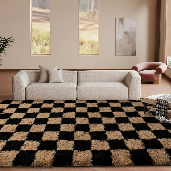Conbriboy Checkered Rug 5x7ft For Living Room, Black Camel Shag Rug Washable Non-Slip Large Area Rug Super Soft Fuzzy Carpet Fluffy Rugs For Bedroom Kids Room Nursery, Dorm Home Decor