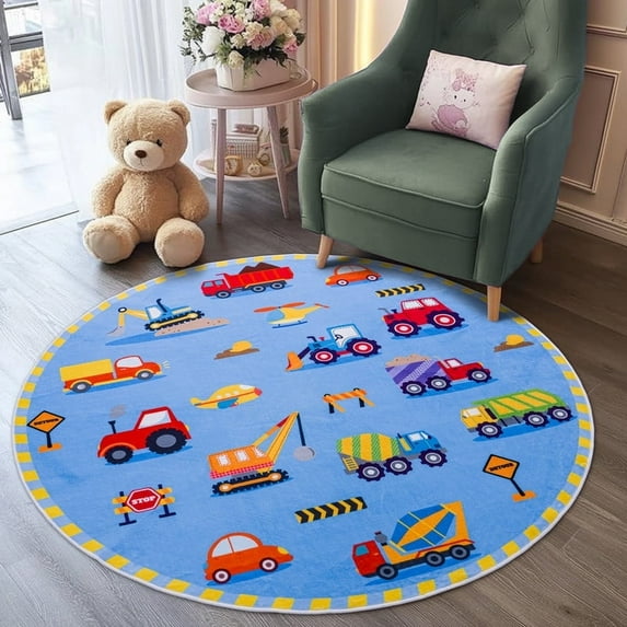 Conbriboy Round Kids Carpet Playmat Rug Car 47in Soft & Non-Slip Soft Crawling Play Mat for Children Toddlers Bedroom Playing and Learning,Non-slip and machine washable Classroom Rug