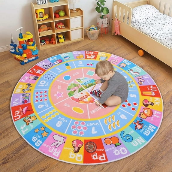 Conbriboy Round Kids Carpet Playmat Rug Education 47in rug Non-slip and machine washable Suave y Antideslizante, Aprende Alfabeto ABC, Letter shapes and seasons learning