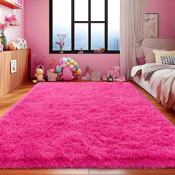 Conbriboy Soft Fluffy Area Rug Modern Shaggy Bedroom Rugs for Kids Room Nursery Rug Floor Carpets, 8'x 10',Hot Pink