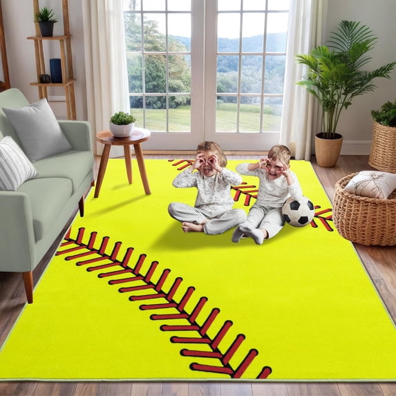 Conbriboy Softball Rug For Boys,Kids Rugs For Playroom Soft Round Rugs For Bedroom Bedside, Softballs Lovers Home Decor Indoor Circle Carpets For Living Room, Nursery, Dorms Machine Washable,4x5ft