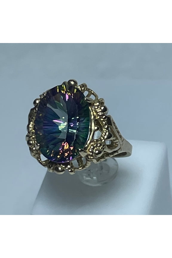 Concave 14x10mm Oval Mystic Topaz 7.5ct 14kt Yellow Gold Statement Ring