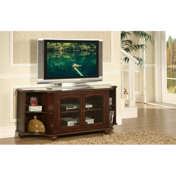 Concave 2 Door And 4 Side Shelved Wooden TV Stand IN Wood, Cherry Brown Finish