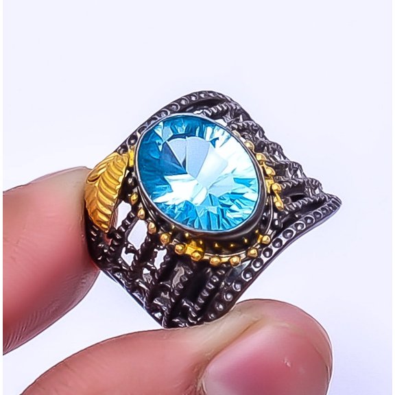 Concave Cut - Blue Topaz Black Rhodium Handmade 925 Sterling Silver Ring S.8 R27