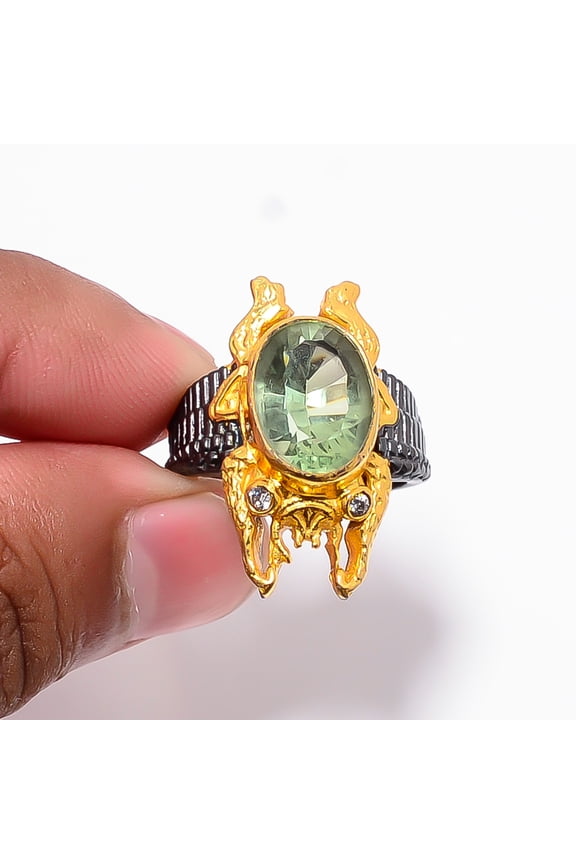 Concave Cut Green Amethyst & White Topaz 925 Sterling Silver Frog Ring S.8 R8754, Christmas Gift