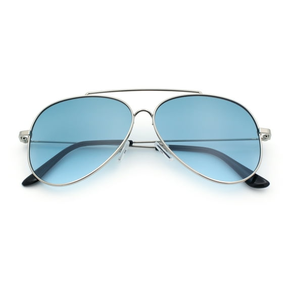 Concave Lens Tear Drop Shape Metal Rim Double Bridge Officer Sunglasses Silver - Blue
